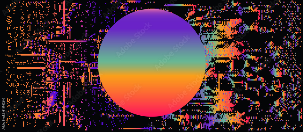 Aufkleber Glitched background with holographic random pixel noise and circle with neon gradient. Conceptual illustration of a technological bug and a error in the system.