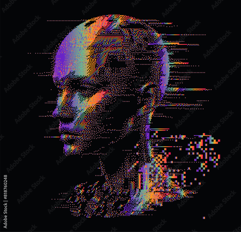 Sticker 3D human face made of holographic pixels and particles on a dark background. A conceptual vector illustration of identity in virtual reality.