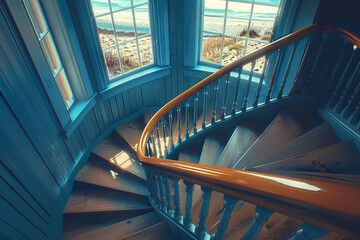 A winder staircase painted ocean blue in a beachside cottage, with a window view of the sea.