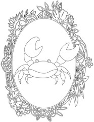 Crab in A Floral Frame Coloring Page. Printable Coloring Worksheet for Kids. Educational Resources for School and Preschool.
