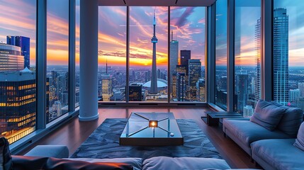 Luxurious Penthouse Suite with Cityscape View. A luxurious penthouse suite with floor-to-ceiling windows showcasing a stunning cityscape at sunset.
