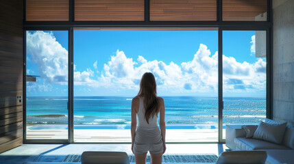 A woman stands in a luxurious modern beach house, gazing at the stunning ocean view through large floor-to-ceiling windows. Woman Enjoying Ocean View from Modern Beach House

