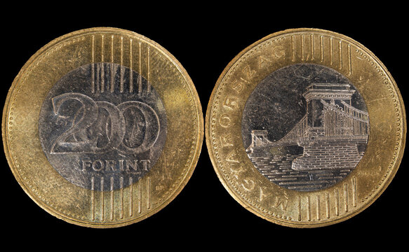 Close-up of a Hungarian 200 forint coin, the money of Hungary on a black background