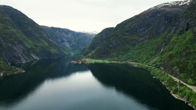 Dramatic 4K drone shot of Akrafjord on a cloudy day.