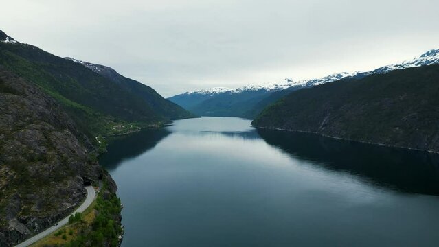 Dramatic 4K drone shot of Akrafjord on a cloudy day.