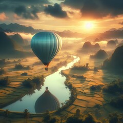 A majestic hot air balloon gently ascending over a serene countryside
