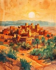 Obraz premium A small but charming desert village with adobe houses, surrounded by sand dunes and bathed in the warm glow of the setting sun Vintage, Watercolor, Warm colors
