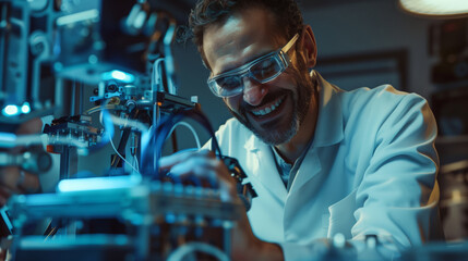 A happy man in a lab coat smiles while working on a machine in the field of nanotechnology and biotechnology. The idea of excitement