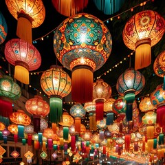 Colorful lanterns adorning the streets during Vesak celebration.