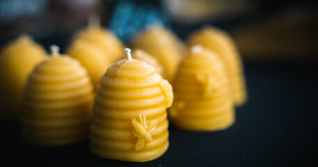 a group of bees with the candles still burning in the shape of beehives