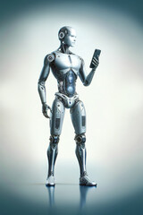Fototapeta premium Android robot, pose 20. Robot holds a smartphone in your hand