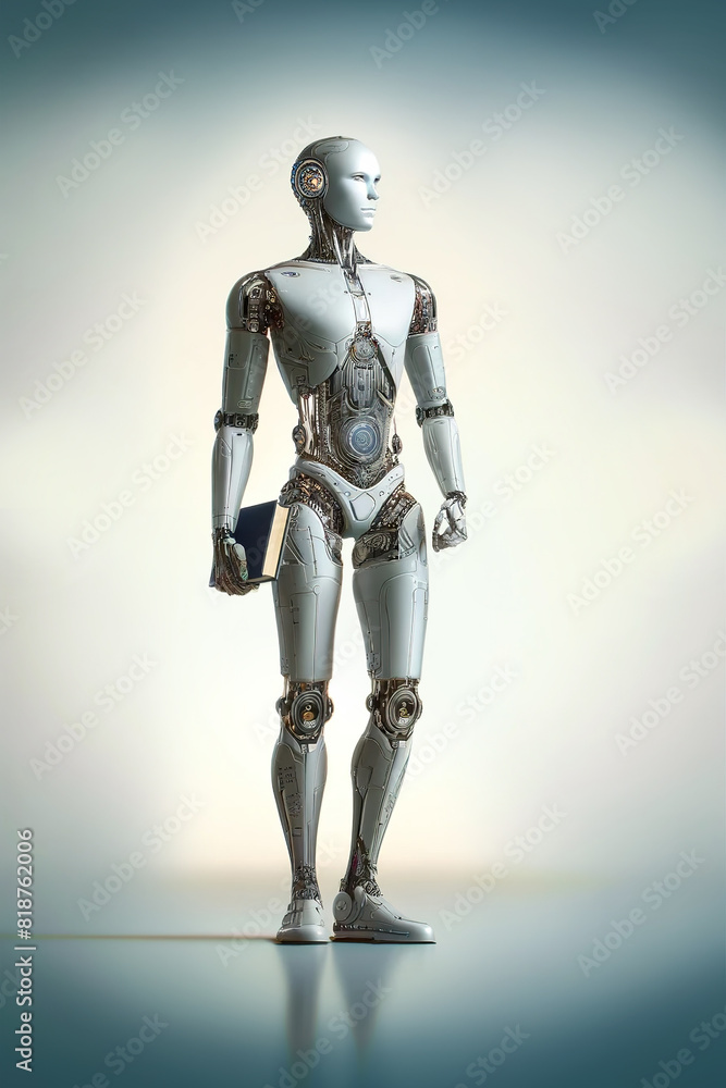 Poster android robot, pose 35. robot holds a book in his hand