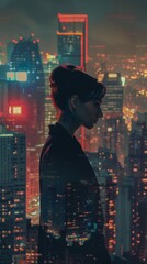 Woman standing in front of a city skyline