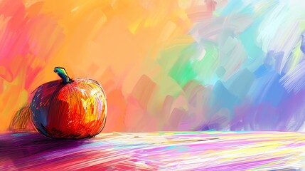 Oil painting of a pumpkin on a table. The pumpkin is in the foreground and is slightly off-center. The background is a bright orange.