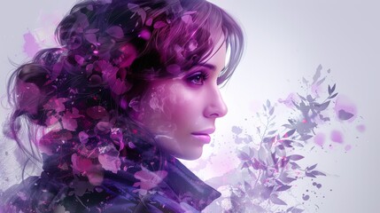 Fantasy abstract portrait of a beautiful woman created with double exposure technique, combined with a colorful digital paint splash. The artwork features bright colors.