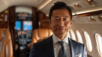 Asian businessman in a private jet