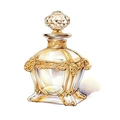 A luxurious perfume bottle with a gold cap, displayed on a white surface, with plenty of copy space for text