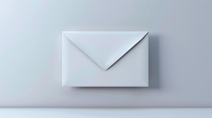 A white envelope is sitting on a white table against a white background. The envelope is closed and has a flap with a pointed end.