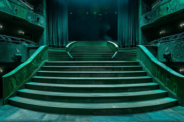 Theatrical view from a private box of a bifurcated staircase in emerald, stage visible below.