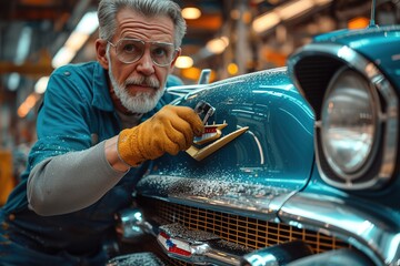 A vintage car enthusiast polishing the chrome grille of a classic automobile, a labor of love