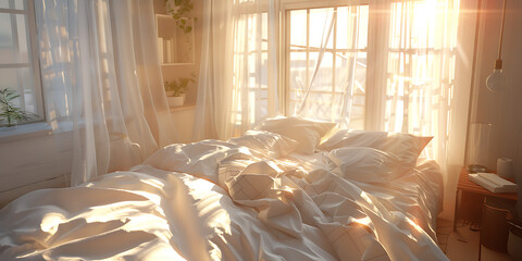 interior of a bedroom, : A cozy bedroom with crisp white linens, fluffy pillows, and sunlight filtering in through sheer curtains.