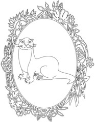Otter in A Floral Frame Coloring Page. Printable Coloring Worksheet for Kids. Educational Resources for School and Preschool.
