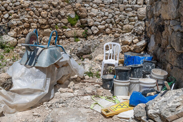 The tools of archaeological excavation at Tel Megiddo National Park which is an archaeological site...