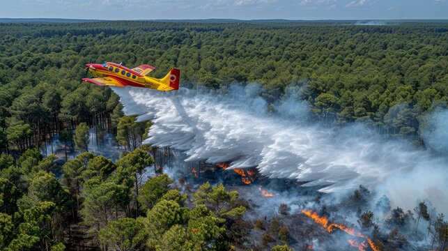 Firefighting aircraft drops water on burning trees in the forest. Bright colors.