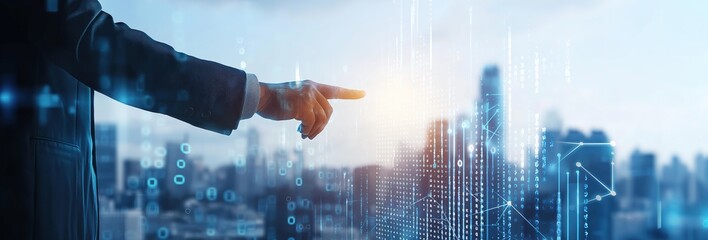 Businessman touching on digital graph and cityscape background,