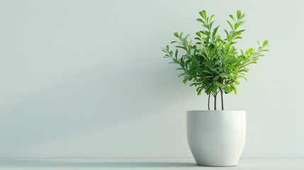 A beautiful minimalist photo of a green plant in a white pot on a solid white background. The plant has delicate leaves and a natural, organic look.