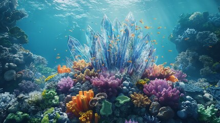 A crystalline shield rising from the depths of the ocean, safeguarding a coral reef teeming with vibrant marine life. 32k, full ultra hd, high resolution