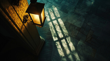 Diagonal top-down view of an Italian lantern in a dim room, highlighting shadow play.