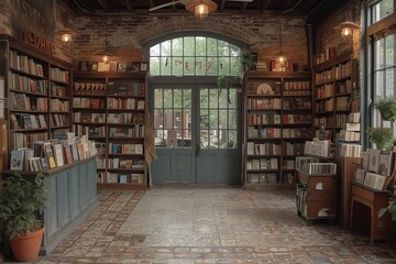 An antique train depot transformed into a charming bookstore, with shelves of books and cozy reading nooks