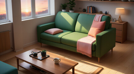 Gemütliches Wohnzimmer mit Fokus auf die Couch. KI Generated