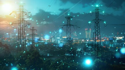 Night Cityscape with Neon Lights in Navy Blue for Urban Planning and Design Concepts