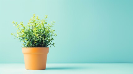 A small potted plant sits on a blue table against a blue background. The plant has green leaves and is in a brown pot.
