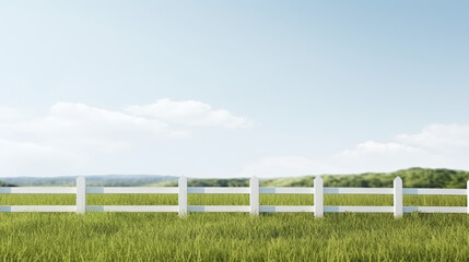 A white fence with a blue sky in the background. The fence is empty and the grass is green