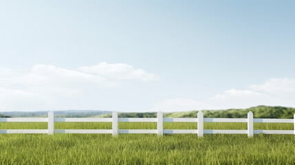 Fototapeta premium A white fence with a blue sky in the background. The fence is empty and the grass is green