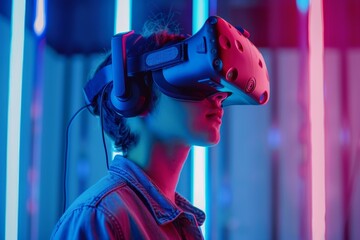 There is a man wearing a virtual reality headset in a room