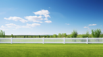 A white picket fence with a blue sky in the background. The fence is empty and the grass is lush and green