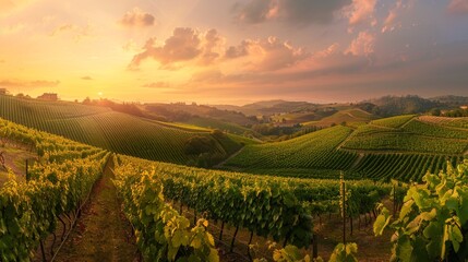 Fototapeta premium Panoramic View of Green Hills at Sunset for Nature and Landscape Photography