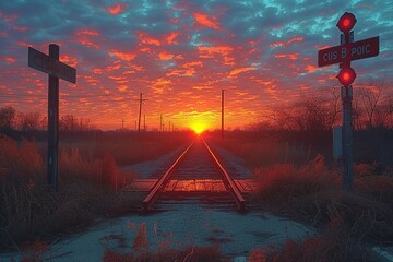 Railroad Crossing Barrier at Dawn Dawn scene with a railroad crossing barrier opening, symbolizing the start of a new day