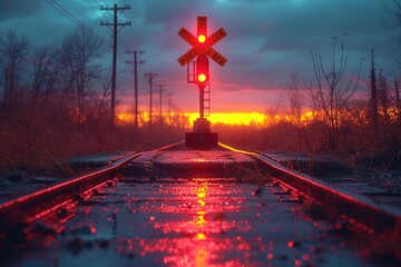 Railroad Crossing Barrier at Dawn Dawn scene with a railroad crossing barrier opening, symbolizing the start of a new day