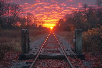 Railroad Crossing Barrier at Dawn Dawn scene with a railroad crossing barrier opening, symbolizing the start of a new day