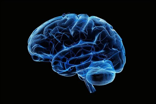 A detailed computer-generated visualization of a human brain, showcasing intricate neural pathways and structures. Generative AI