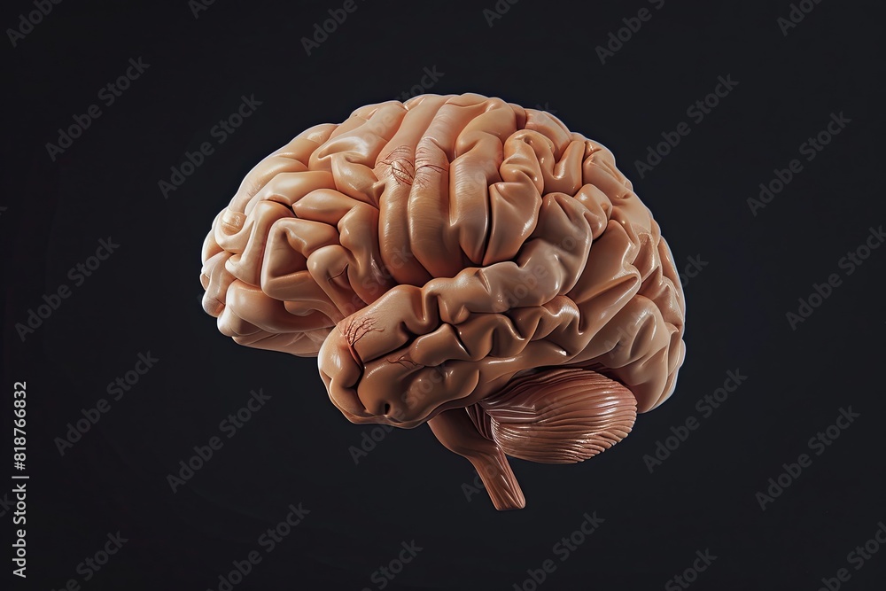 Poster a realistic model of the human brain displayed on a black background, showcasing its intricate struc