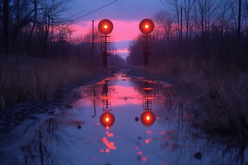 Railroad Signal Lights Reflection Reflection of signal lights on a calm body of water near the...