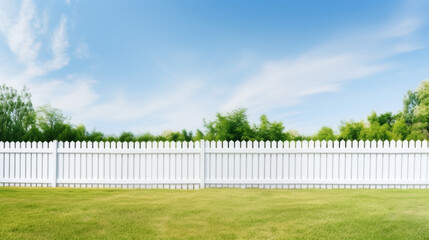 A white picket fence with a blue sky in the background