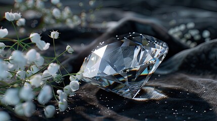 Obraz premium A large diamond on a black velvet fabric, next to it there are flowers, sprigs of gypsophila, soft lighting, close-up shot.