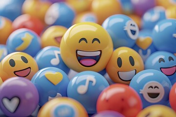A cluster of colorful balls with smiley faces on them arranged in a group. Generative AI